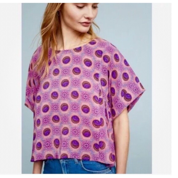 Anthropologie Maeve Milla Printed Floral Boho Short Sleeve Blouse Size M - Picture 1 of 11